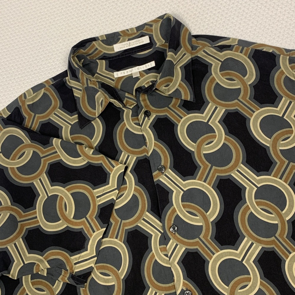 Perry Ellis 100% Silk Shirt Mens XL Black Geo Link Short Sleeve Button Up